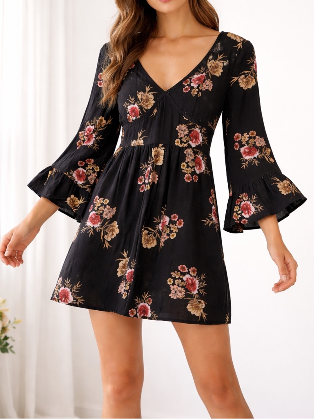 American Rag Floral Mini Dress XS Boho Bell Sleeve Black Rayon